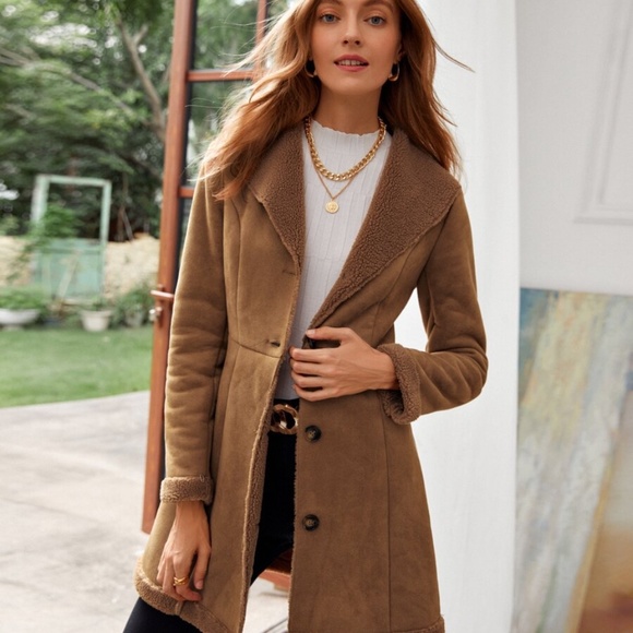 Cozy Shearling lined Button down vegan Suede Coat jacket - Picture 4 of 8